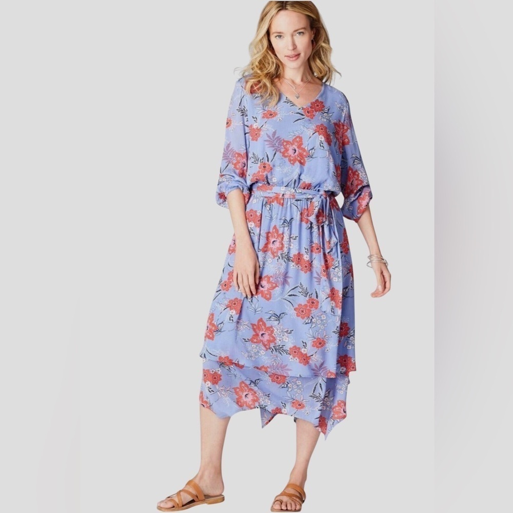 J. Jill Blue Periwinkle Floral Asymmetrical Handkerchief Hem Midi Dress Small